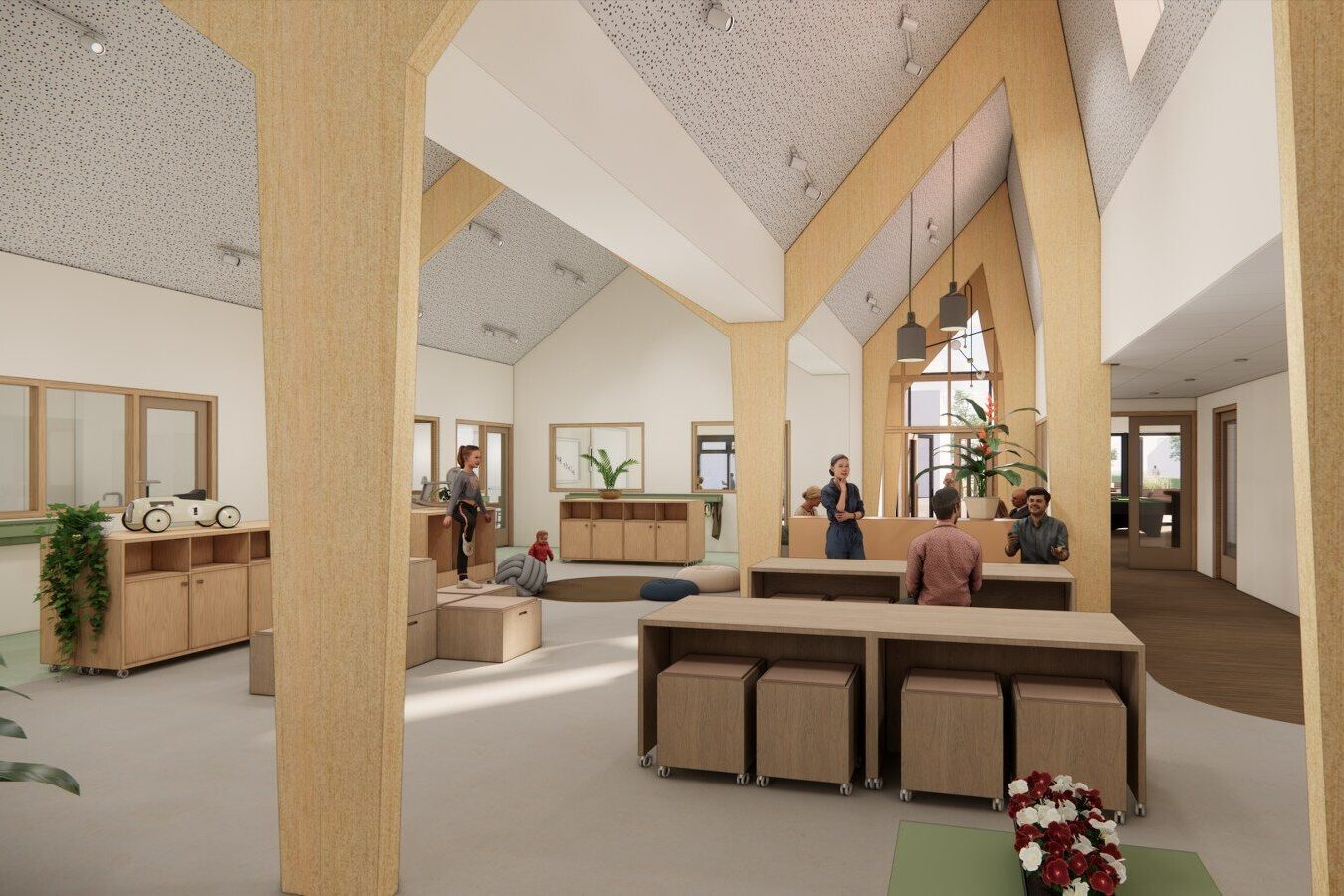 Interieurimpressie van het centrale hart in de multifunctionele accommodatie.